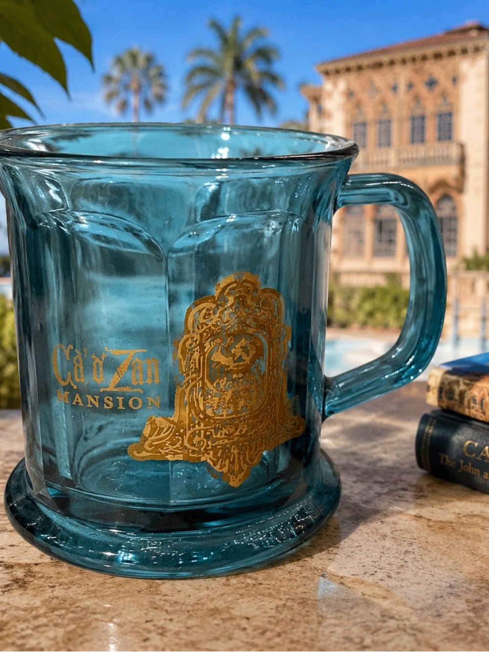 Vintage Ca’ d’Zan Mansion Sarasota Blue Glass Mug Tankard